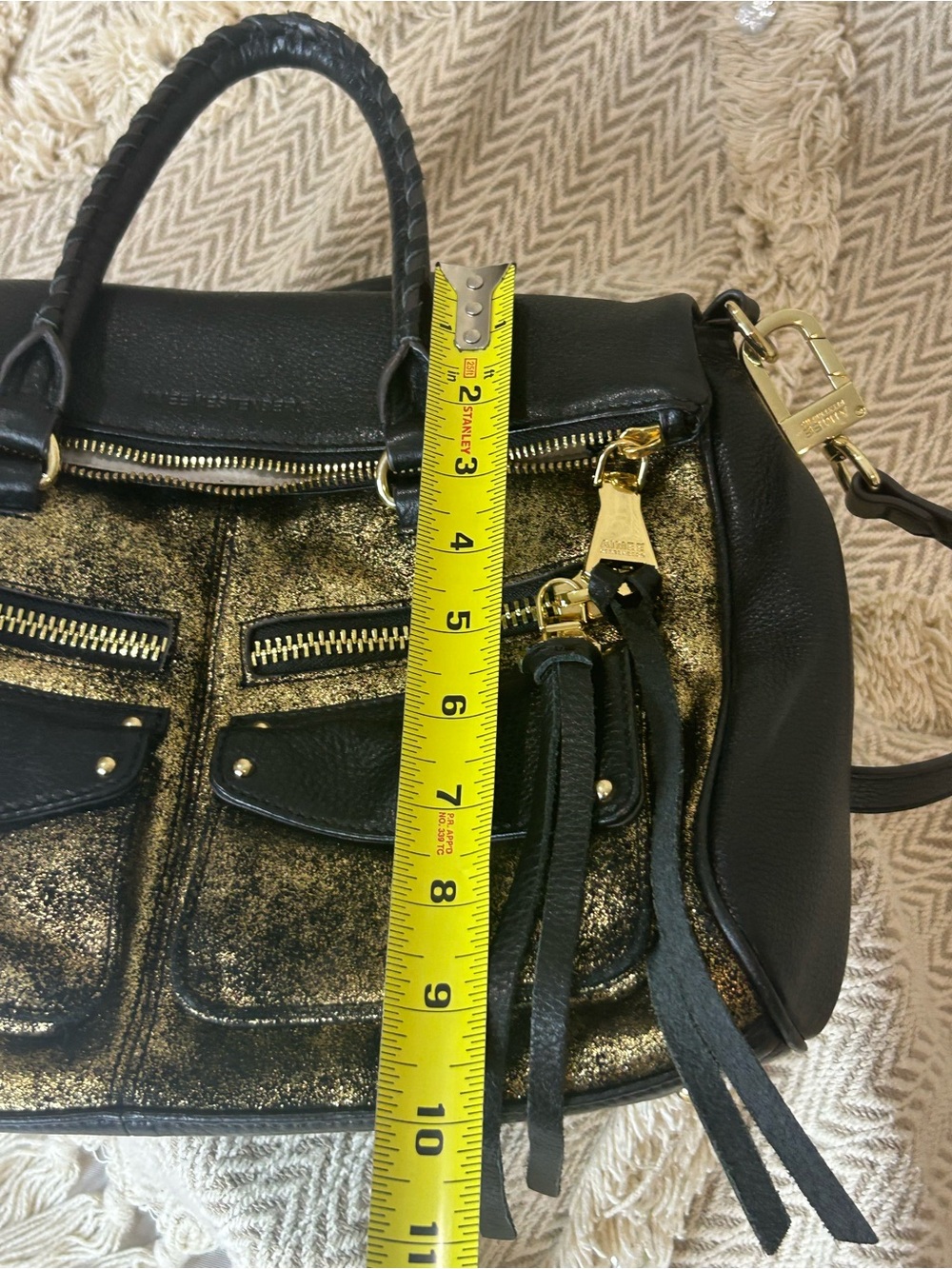 Aimee Kestenberg Black Leather Satchel with Gold Metallic Detail - Picture 12 of 12